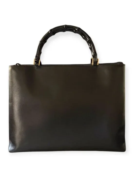 Vintage Gucci Bamboo Handle Black Leather Tote Bag - Picture 2 of 8